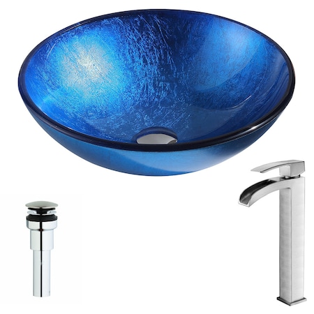 Anzzi Clavier Deco-Glass Vessel Sink, Blue with Key Faucet, Brushed Nickel LSAZ027-097B